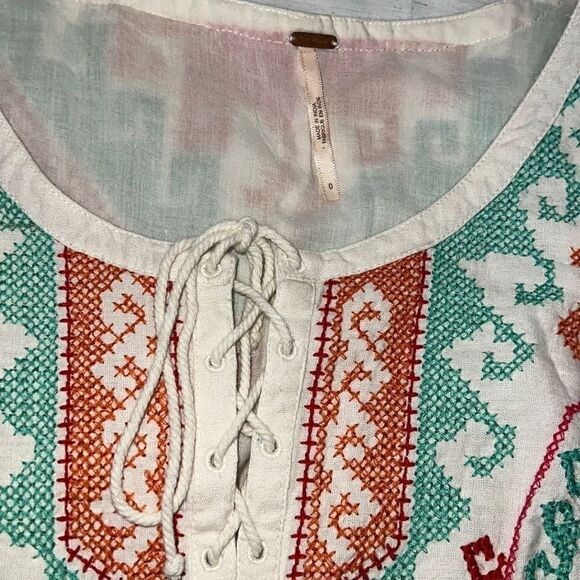 Free People Embroidered Sleeveless Aztec Shift Dress Bird Tribal Linen Blend 0 - Picture 4 of 8
